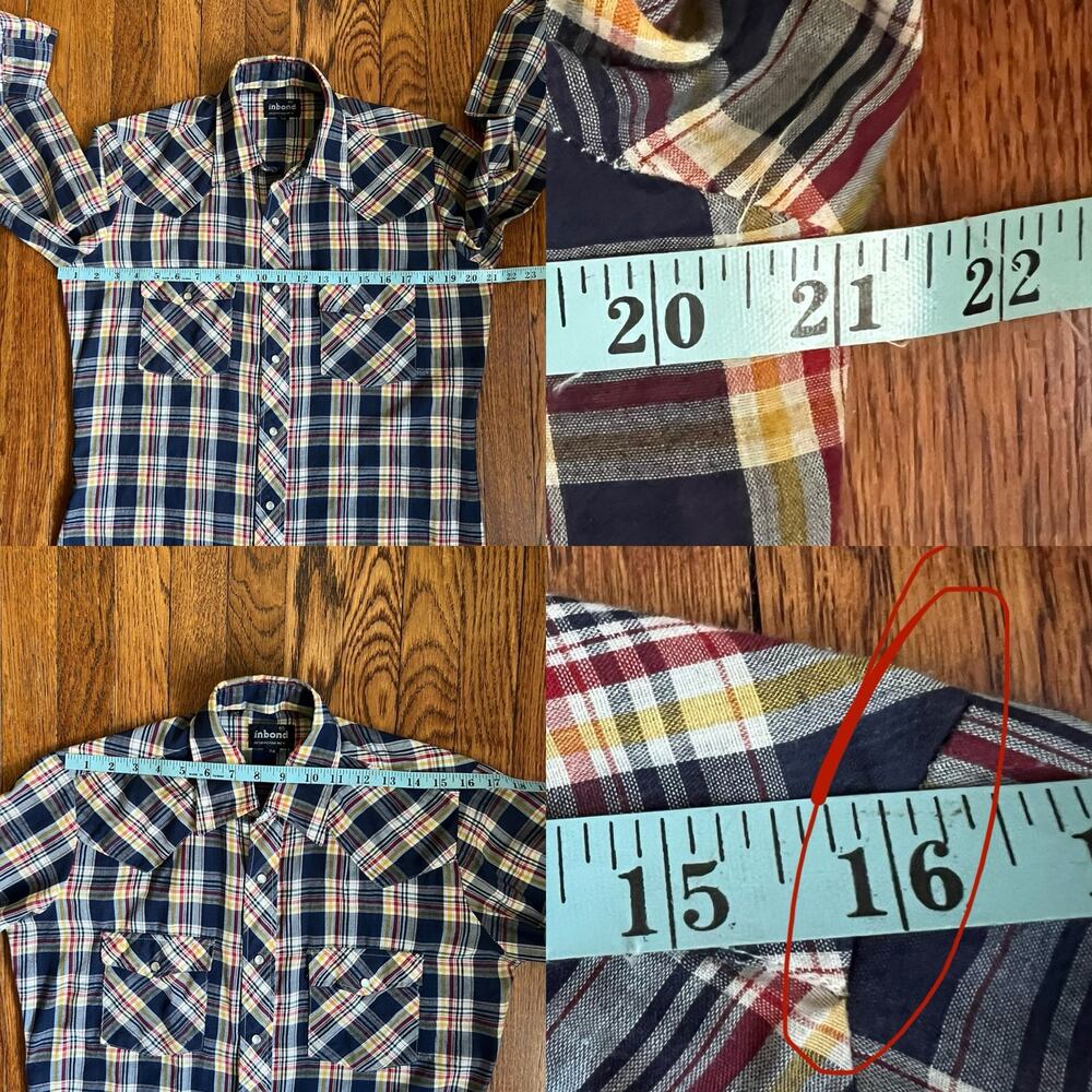 Vintage 70s Men's Plaid Pearl Snap Shirt Size 38 Blue Yellow Americana 38 Unisex - Picture 13 of 17